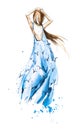 Watercolor fashion illustration, girl in a summer dress looking in the distance