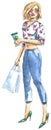 Watercolor fashion illustration, girl in white blouse with roses print and blue jeans, summer wear, drinking coffee