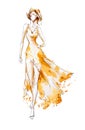 Watercolor fashion illustration, model in a long dress