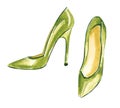 Watercolor fashion illustration of party shoes on high heels in olive green color Royalty Free Stock Photo