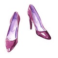 Watercolor fashion illustration of party shoes on high heels in purple color Royalty Free Stock Photo