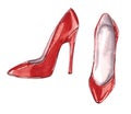 Watercolor fashion illustration of party shoes on high heels in red color Royalty Free Stock Photo