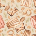 Watercolor fashion illustration seamless pattern with autumn leaves, skirt ,boots,scarf,books,hat and cardigan