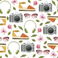Watercolor fashion illustration. Set of trendy accessories: headphones,photo camera,sunglasses,espadrilles and magnolia flowers. S