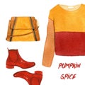 Watercolor fashion illustration. set of trendy autumn accessories and cloves. pumpkin spice, sweatshirt, shoes and