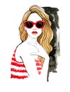 Watercolor fashion illustration. Watercolor fashion illustration. Stylish woman in red glasses. Summer mood.