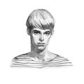 Watercolor fashion portrait of young man in striped shirt. Hand drawn blondie boy face on white background