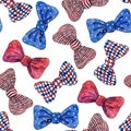 Watercolor fashion seamless pattern with blue and red bows. Hand drawn neckties isolated on white background