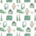 Watercolor Fashion seamless pattern. Set of trendy accessories. Bag, earrings, watches, sneakers, perfume,ring. Royalty Free Stock Photo