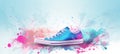 Watercolor fashion sneaker in blue purple colors on a background of watercolor splashes and stains. Banner with copy