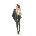 Watercolor hand drawn fashion style illustration gilr .