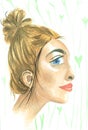 Watercolor Fashion Woman Portrait, Painting Beauty Illustration, Hand Drawn Profile Of Young Girl