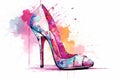Watercolor fashion women high heeled shoe against a background of splashes and stains. In light rainbow colors. Ideal