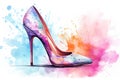 Watercolor fashion women high-heeled shoe against a background of splashes and stains. In light rainbow colors. Ideal