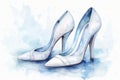 Watercolor fashion women high-heeled shoes against background of splashes and stains. In light blue color. Ideal for