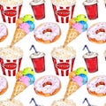 Watercolor fast food icons set seamless pattern