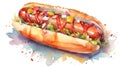 Watercolor fast food illustration. Hot dog with ketchup, mustard and mayonnaise