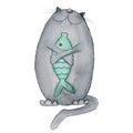 Watercolor fat cat with fish illustration Royalty Free Stock Photo