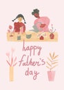 Watercolor Father`s Day card with hand written lettering.Poster with father and child