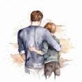watercolor father and small son hugging view clipart generative AI