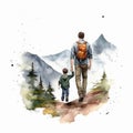 watercolor father and son hiking in the mount generative AI