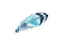 Watercolor feather with jewel stones. Realistic painting with vibrant turquoise wings. Boho style illustration isolated