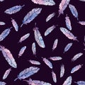 Watercolor feathers seamless pattern. Hand made element. Painting illustration. On dark background. Violet blue pink Royalty Free Stock Photo