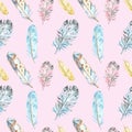 Watercolor feathers seamless pattern on pink background. Tribal aztec print with exotic feathers