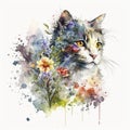 Watercolor Feline Flora Cat with colorful flower - Generative AI