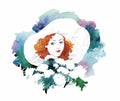 Watercolor female portrait illustration with flowers vector