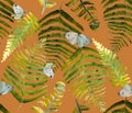 Watercolor fern and butterfly seamless pattern with insects and leaf in orange, green, yellow and blue colors