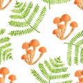 Watercolor fern and honey fungus Armillaria seamless pattern. Hand painted botanical illustration of forest plants for decoration
