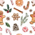 Watercolor festive Christmas seamless pattern. Gingerbread cookies, candies, and greenery. Holiday print