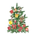 Festive traditional Christmas tree with ornaments, isolated on white background. Watercolor hand drawn illustration. Holiday tree Royalty Free Stock Photo