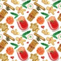 Watercolor festive pattern, Christmas elements, mulled wine ingredients