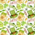 Watercolor pattern for St. Patrick's day. Sock, wooden pint, leprechaun hat, simple text, cupcake on white