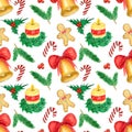 Watercolor festive pattern with various Christmas decoration