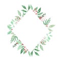 Watercolor Festive Winter Border Holidays Wreath Holly Berry Diamond