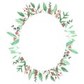 Watercolor Festive Winter Border Holidays Wreath Holly Berry Oval Frame