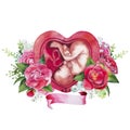 Watercolor fetus inside the womb