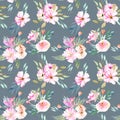 Watercolor field carnations, roses and green branches bouquets seamless pattern