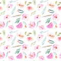 Watercolor field carnations, roses and small field green branches seamless pattern