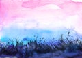 Watercolor field, meadow, countryside landscape. Blue, purple grass, plants, wildflowers. Sunset sky. Art banner. Abstract art ill Royalty Free Stock Photo