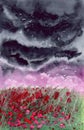 Watercolor field of poppies in storm Royalty Free Stock Photo