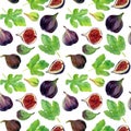 Watercolor figs fruit with leaves in seamless pattern.