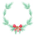 Watercolor christmas fir wreath with red ribbon and cone on white background Royalty Free Stock Photo