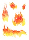 Watercolor fire. Set of different hand drawn flames. Isolated sketch illustration