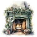 Watercolor fireplace with Christmas ornaments. Generative AI