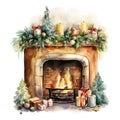 Watercolor fireplace with Christmas ornaments. Generative AI