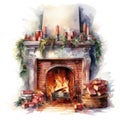 Watercolor fireplace with Christmas ornaments. Generative AI